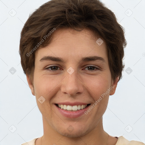 Joyful white young-adult female with short  brown hair and brown eyes