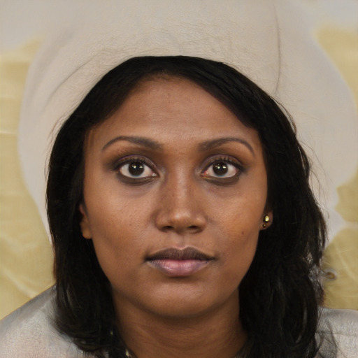 Neutral asian young-adult female with long  brown hair and brown eyes