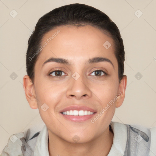 Joyful white young-adult female with short  brown hair and brown eyes