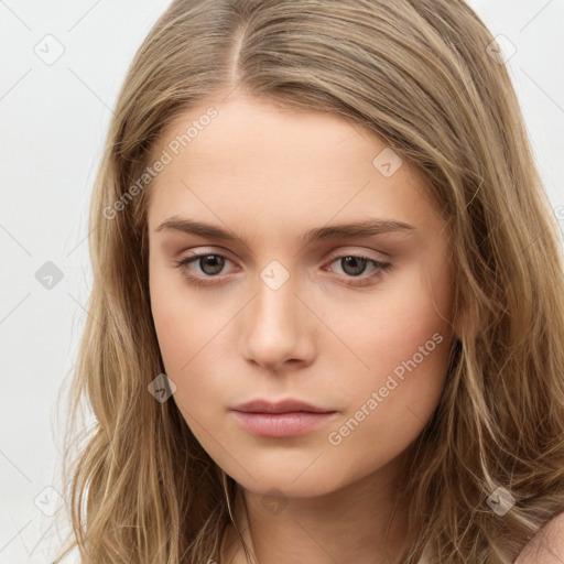 Neutral white young-adult female with long  brown hair and brown eyes