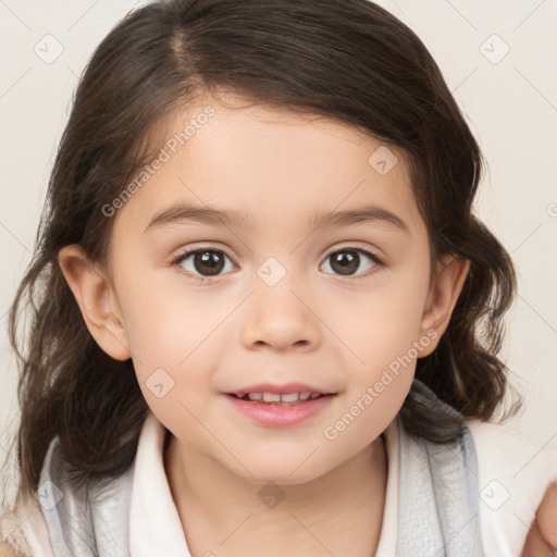 Joyful white child female with medium  brown hair and brown eyes