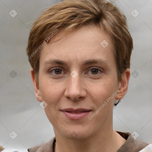 Joyful white adult male with short  brown hair and grey eyes