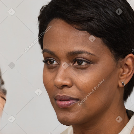 Neutral black young-adult female with short  black hair and brown eyes