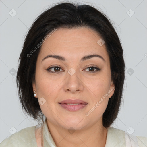 Joyful white adult female with medium  brown hair and brown eyes