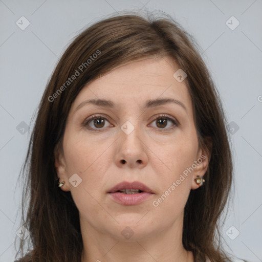 Neutral white young-adult female with long  brown hair and brown eyes