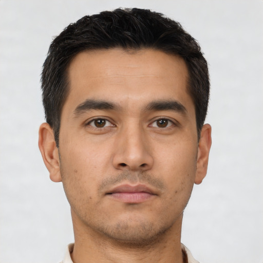 Neutral asian young-adult male with short  brown hair and brown eyes