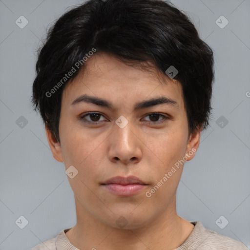 Neutral asian young-adult female with short  brown hair and brown eyes