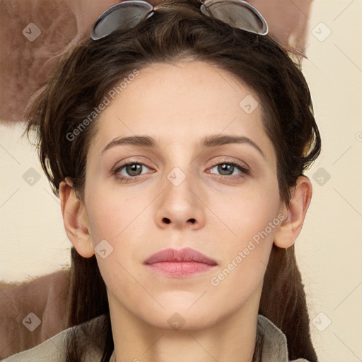 Neutral white young-adult female with medium  brown hair and brown eyes