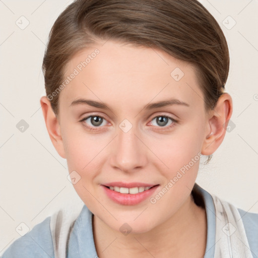 Joyful white young-adult female with medium  brown hair and blue eyes