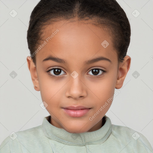 Joyful white child female with short  brown hair and brown eyes