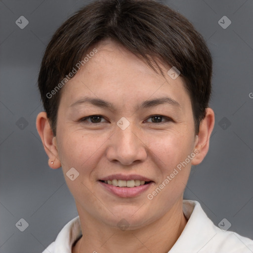 Joyful white adult female with short  brown hair and brown eyes