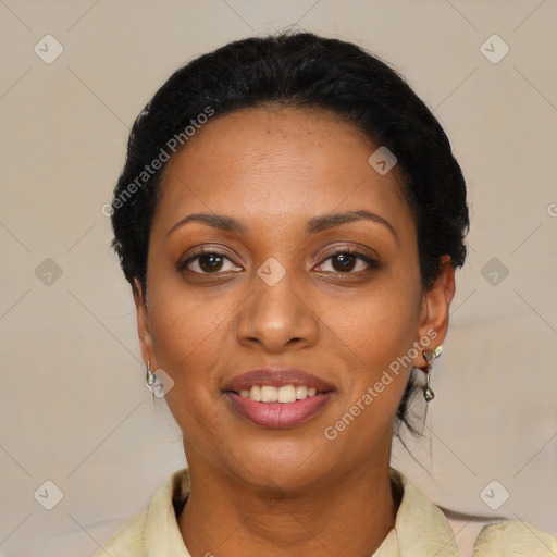 Joyful black young-adult female with medium  black hair and brown eyes