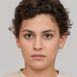 Neutral white young-adult female with short  brown hair and brown eyes