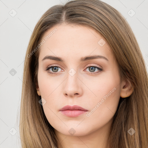 Neutral white young-adult female with long  brown hair and grey eyes