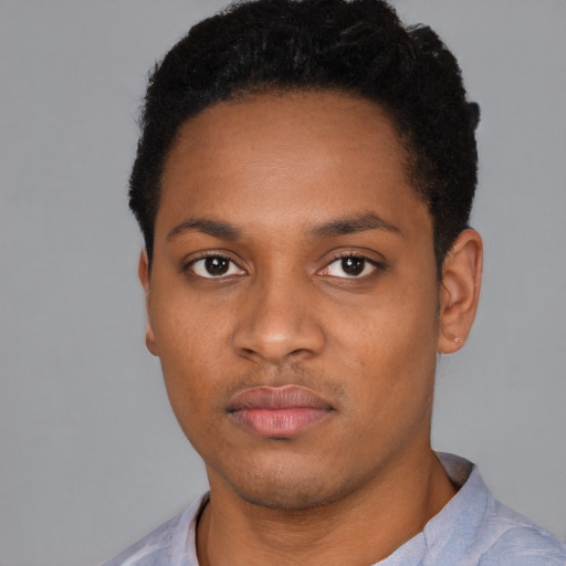Neutral black young-adult male with short  black hair and brown eyes