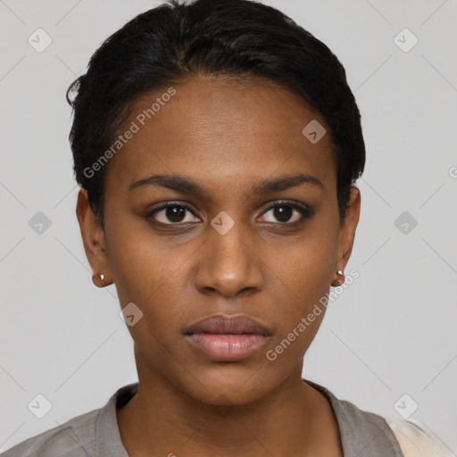 Neutral black young-adult female with short  brown hair and brown eyes