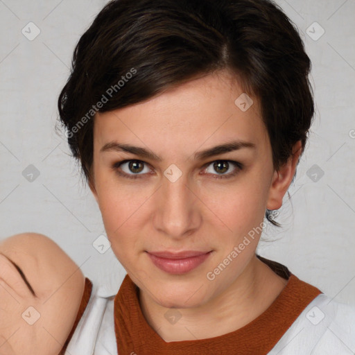 Joyful white young-adult female with medium  brown hair and brown eyes