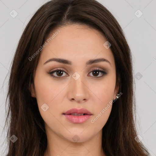 Neutral white young-adult female with long  brown hair and brown eyes