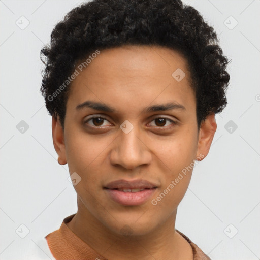 Joyful latino young-adult male with short  brown hair and brown eyes