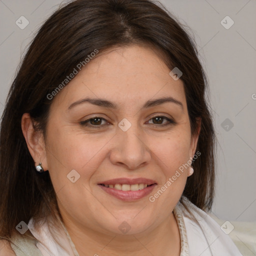 Joyful white adult female with medium  brown hair and brown eyes