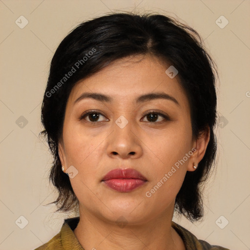 Neutral asian young-adult female with medium  black hair and brown eyes