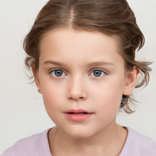 Neutral white child female with medium  brown hair and grey eyes