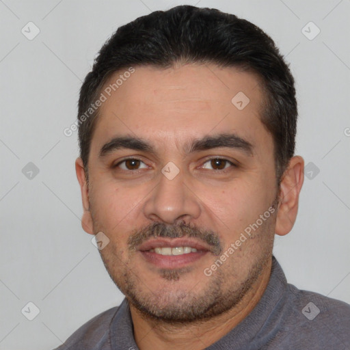 Neutral white young-adult male with short  black hair and brown eyes
