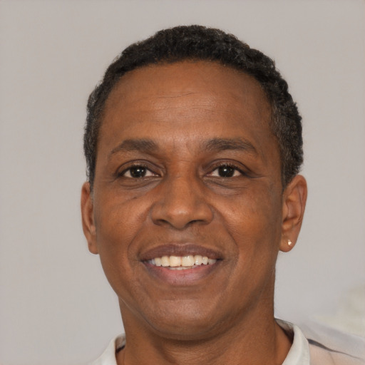 Joyful black adult male with short  black hair and brown eyes