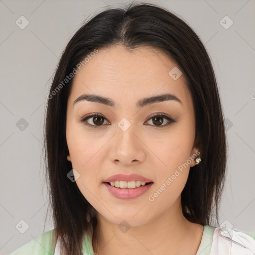 Joyful white young-adult female with medium  brown hair and brown eyes