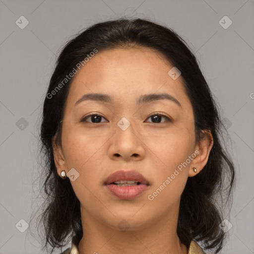 Joyful asian young-adult female with medium  brown hair and brown eyes