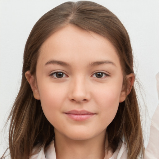 Joyful white child female with long  brown hair and brown eyes