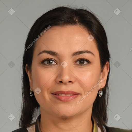 Joyful white young-adult female with medium  brown hair and brown eyes