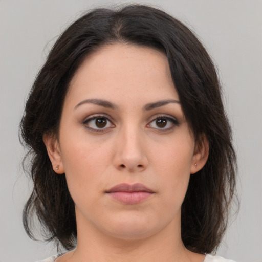 Neutral asian young-adult female with medium  brown hair and brown eyes