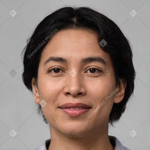 Joyful white young-adult female with medium  brown hair and brown eyes