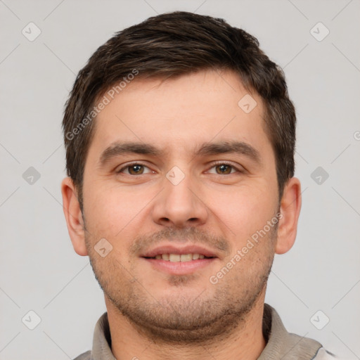 Neutral white young-adult male with short  brown hair and brown eyes