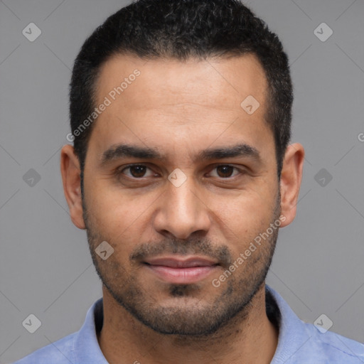 Neutral white young-adult male with short  black hair and brown eyes