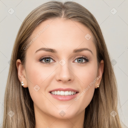 Joyful white young-adult female with long  brown hair and grey eyes