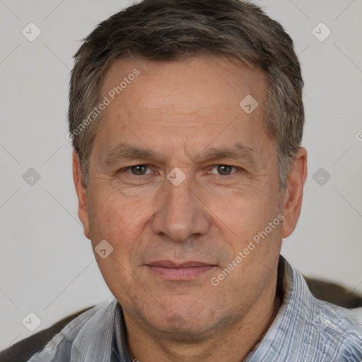 Joyful white middle-aged male with short  brown hair and brown eyes