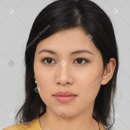 Neutral asian young-adult female with medium  brown hair and brown eyes