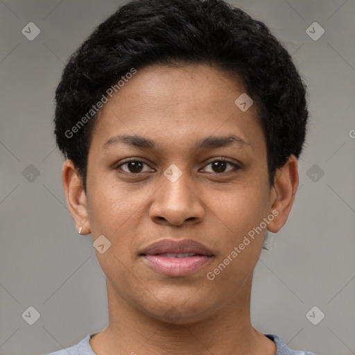 Joyful latino young-adult female with short  brown hair and brown eyes