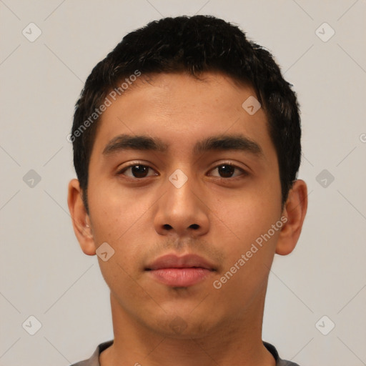 Neutral asian young-adult male with short  black hair and brown eyes