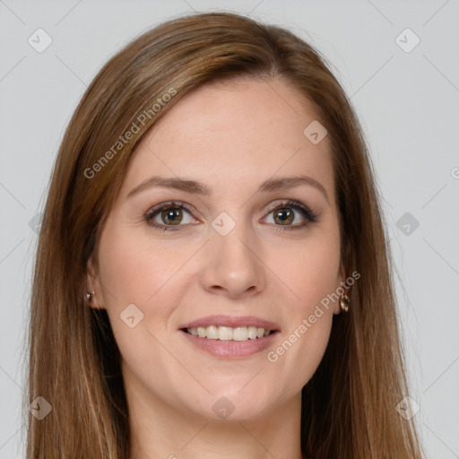 Joyful white young-adult female with long  brown hair and green eyes