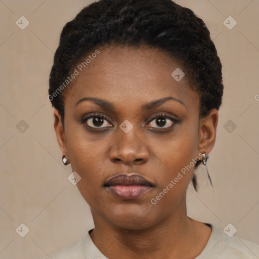 Neutral black young-adult female with short  black hair and brown eyes