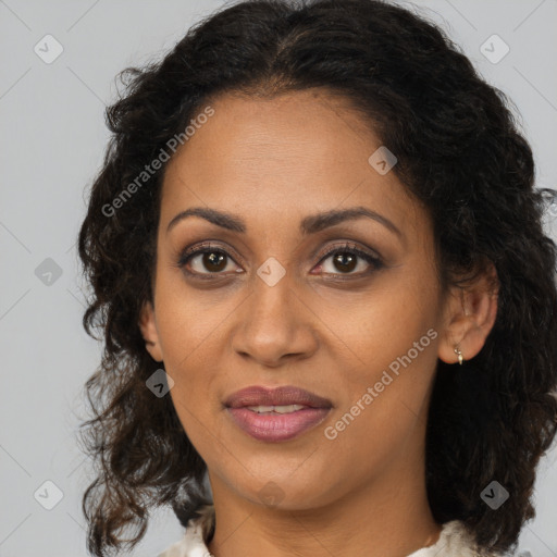 Joyful black young-adult female with medium  brown hair and brown eyes