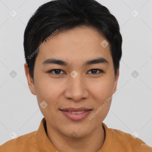 Joyful asian young-adult female with short  brown hair and brown eyes