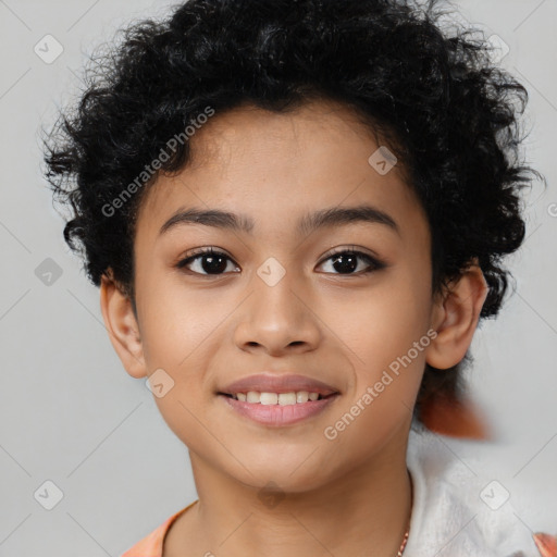 Joyful latino child female with short  brown hair and brown eyes