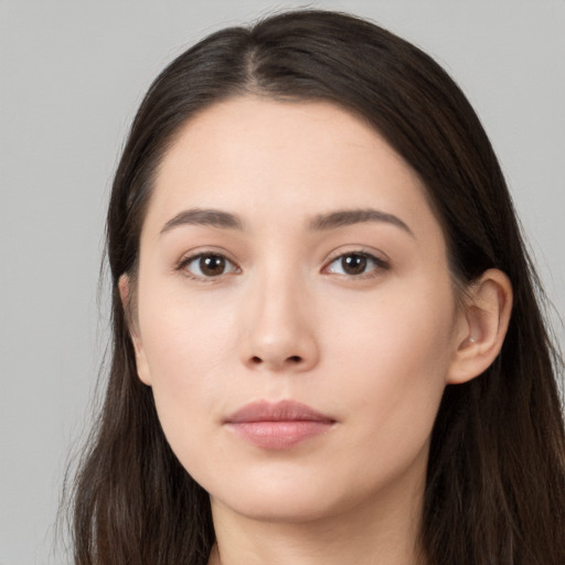 Neutral asian young-adult female with long  brown hair and brown eyes