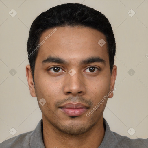 Neutral latino young-adult male with short  black hair and brown eyes