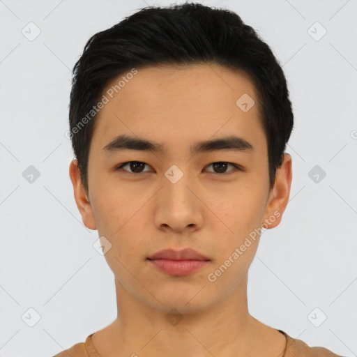 Neutral asian young-adult male with short  black hair and brown eyes