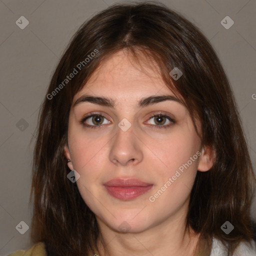 Neutral white young-adult female with medium  brown hair and brown eyes